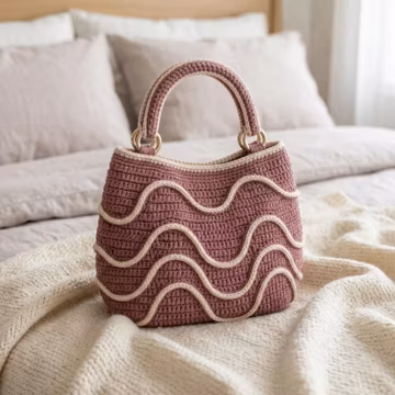 Crochet Wave Stripe Handbag, Handmade Boho Top Handle Bag, Two Size Shoulder Purse, Summer Crochet Tote, Gift for Her