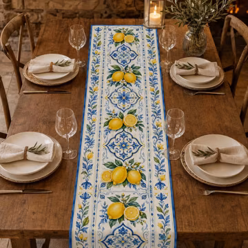 Lemon Table Runner, Blue and White Mediterranean Kitchen Decor, Italian Coastal Dining Table Runner, Summer Farmhouse Accent