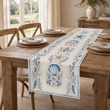 Coastal Table Runner, Blue Seashell Starfish Dining Decor, Beach House Kitchen Runner, Nautical Summer Table Accent