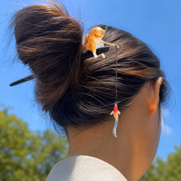 Black Sandalwood Cat Fishing Hair Stick, Koi Tassel Hairpin, Minimalist Wooden Hair Fork