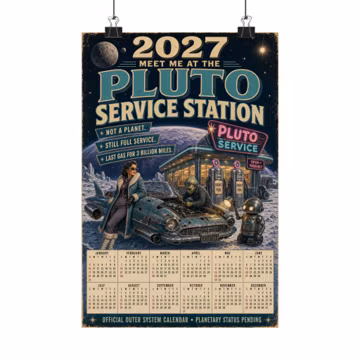 2027 Calendar Poster, Pluto Service Station, Retro Space Wall Art, Sci-Fi Gas Station Print, Cosmic Decor