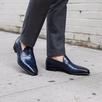 Navy Croc Embossed Loafers Handmade Leather Dress Shoes for Men Formal Slip On