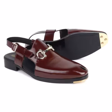 Men's Leather Peshawari Sandals, Burgundy Slip-On, Horsebit Buckle, Slingback Dress Shoes