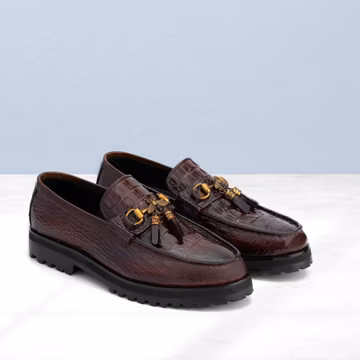 Handmade Genuine Leather Alligator Textured Brown Color Slip On Loafers For Men