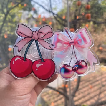 Magnetic Cherry Phone Grip | Pink Ribbon Coquette Phone Stand | Cute Holographic Y2K Accessory | Kawaii Fruit Ring Holder