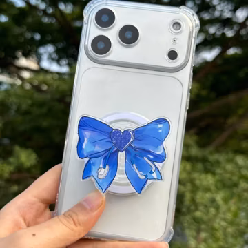 Blue Bow Phone Grip | Glossy Coquette Magnetic Stand | Y2K Ribbon Phone Accessory | Heart Center Phone Holder | Cute Preppy Gift for Her