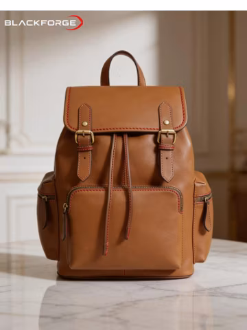 Brown Genuine Leather Backpack, Handmade Travel Daypack with Drawstring Closure, Front Zip Pocket, Luxury Work Backpack