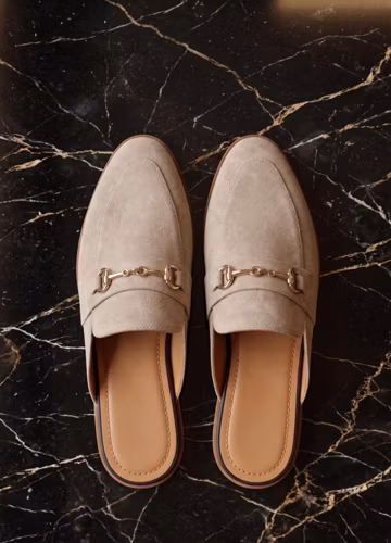 Handmade Grey Suede Mule Loafers | Men's Horsebit Backless Slip On Shoes
