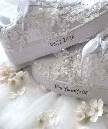 Bridal Sneakers, Floral Silver Wedding Sneakers, Handmade Lace & Pearl Custom Wedding Shoes for Bride