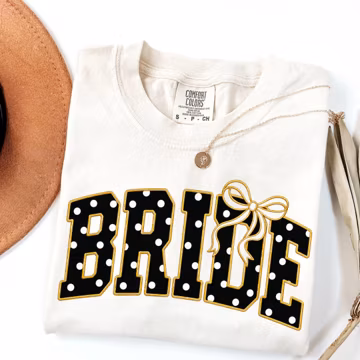 Bride Polka Dot Shirt with Gold Bow, Bridal Coquette Party Tee, Bachelorette Shirt, Wedding Weekend Tee, Bridal Shower Gift, Comfort Colors