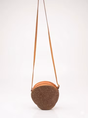 Handmade Embossed Leather Circle Bag, Floral Hand-Tooled Round Crossbody Purse, Boho Genuine Leather Shoulder Bag