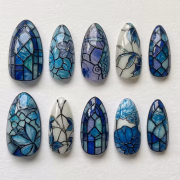 Blue Stained Glass Nails Floral Press On Nails Cute 3D Gothic Nails Kawaii Ocean Blue Nails Summer Luxury Fake Nails Hydrangea Gift Nails