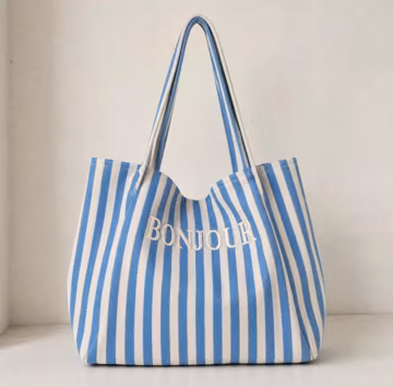Personalized Striped Canvas Tote Bag, Custom Name Embroidery, Beach Summer Travel Bag