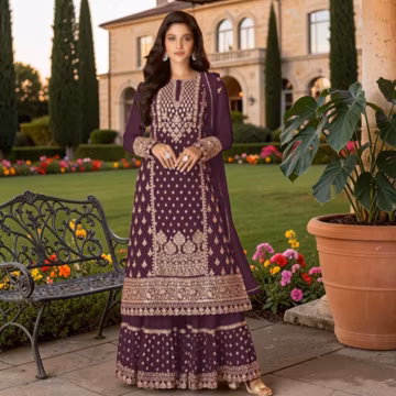 Purple Blooming Georgette Palazzo Suit, Pakistani Embroidered Salwar Kameez, Designer Wedding Party Wear with Naznin Dupatta