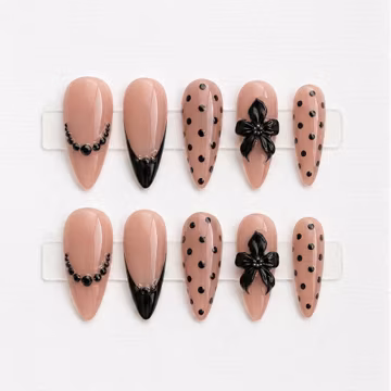 Custom Coquette Press On Nails, Black Bow French Tip Nails, Personalized Polka Dot Nail Set Gift