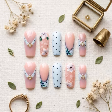 Pink Floral Press On Nails Handmade Set: Blue Floral Nail Art,Cottagecore Coquette Nails, Gift for Her,Birthday Nails,Cute Everyday Manicure