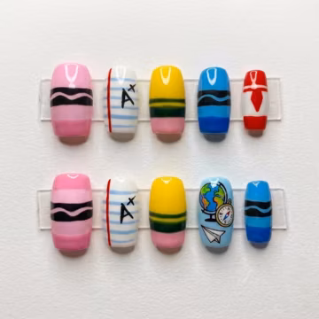 Back to School Press On Nails, Teacher Nails, Travel Nail Set, Colorful Handmade Reusable Nails