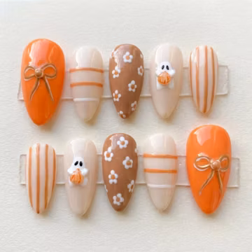 Halloween Press On Nails, Cute Ghost Bow Floral Orange Handmade Reusable Fall Gift for Women