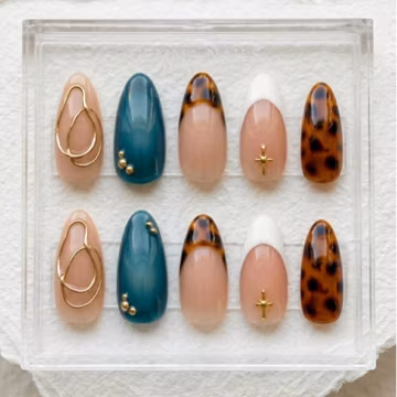 Press On Nails Medium Almond, Turquoise Tortoiseshell Press On Nails, Brown Leopard French Tip, Gold Line Handmade Reusable Nails