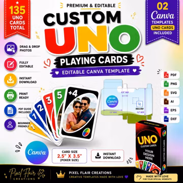 Custom UNO Card Template Canva Editable | Personalized Playing Cards | Printable Card Game | Photo UNO Cards | Box Template | DIY Party Game