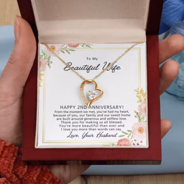 2nd Wedding Anniversary Gift for Wife, Forever Love Necklace Custom Message Card, 2 Year Anniversary Jewelry Present from Husband