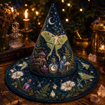 Halloween Quilted Witch Hat, Luna Moth Mushroom Moon Fabric Hat, Cottagecore Witchy Table Decor Gift