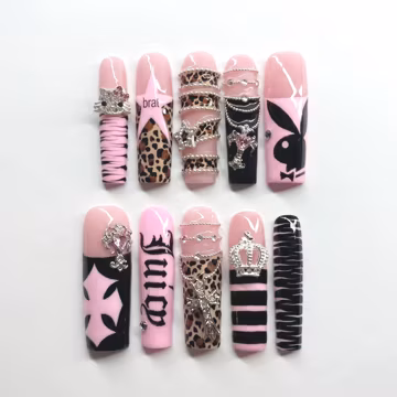 Pink Leopard Punk Press On Nails|Black Bunny Crown Star Chain Design|Zebra Print Rhinestone Charms|Edgy Brat Y2K Long Square Nail Set