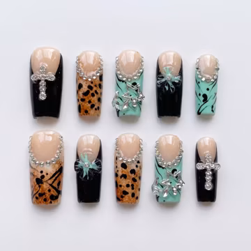 Mint Green Leopard Cross Press On Nails|Black Bow and Silver Star Nail Art|Long Square Rhinestone Nails|Handmade Reusable Fake Nail Set