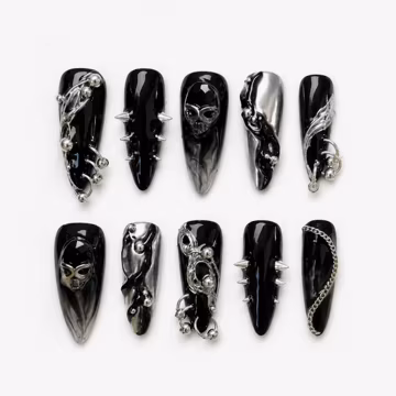 Black Alien Skull Press On Nails | Silver Spike Chain Charms | Smoky Chrome Gothic Stiletto Tips | Reusable Fake Nail Set for Edgy Wear