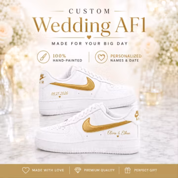 Custom Hand-Painted Gold Air Force 1 Sneakers: Personalized Bride Groom Shoes