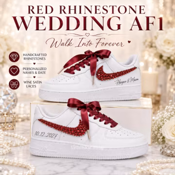 Personalized Red Rhinestone Wedding AF1 Shoes, Custom Bridal Sneakers, Bride Wedding Gift, Custom Name Date