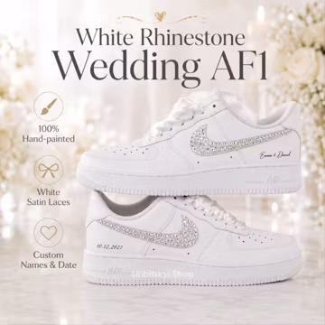 Personalized White Rhinestone Wedding AF1 Shoes, Custom Bridal Sneakers with Satin Laces, Hand Painted Bride Wedding Gift Shoes