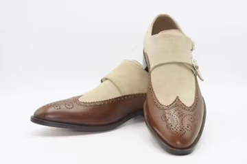 Handmade Two Tone Double Monk Strap Shoes for Men, Brown Leather Beige Suede Dress Shoes, Luxury Wedding Formal Shoes