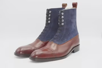 Men's Handmade Balmoral Boots, Burgundy Leather Navy Suede Cap Toe Boots, Luxury Dress Ankle Boots for Men