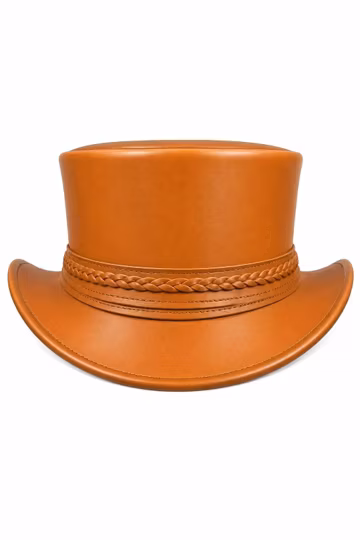 Tan Leather Top Hat, Handmade Genuine Leather Top Hat, Victorian Leather Hat, Steampunk Top Hat, Western Top Hat with Braided Band