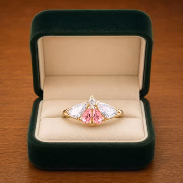 Padparadscha Pink CZ Moth Engagement Ring/ Pear & Kite Cut Moissanite Cluster Ring/ Gothic Nature Inspired Gift for Her