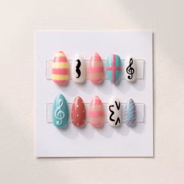 Music Press On Nails, Colorful Pastel Nails, Cute Handmade Reusable Nail Set, Fun Spring Summer Manicure