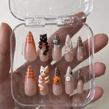 Halloween Press On Nails with Black and Orange Cats, Plaid Pumpkin, Ghost, Cute Handmade Nail Set