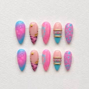 Pink Blue Press On Nails, Y2K Aura Nails, Zebra French Tips, Handmade Reusable Summer Nail Set
