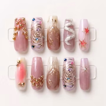 Press On Nails Pink Gold Swirl, Handmade Reusable 3D Luxury Nail Set