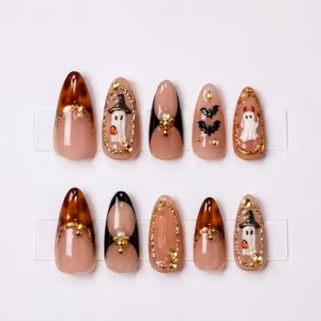 Halloween Press On Nails with Ghost, Tortoiseshell French Tips, Black Accent, Cute Handmade Autumn Nail Set