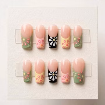 Retro Flower Press On Nails, Colorful Daisy Nails, Handmade Reusable Nail Set, Spring Summer Manicure