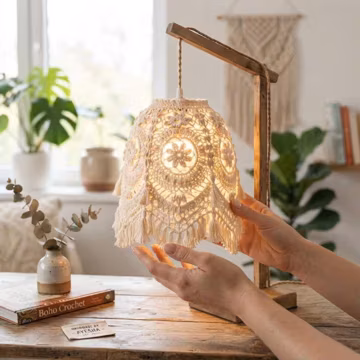 Handmade Macrame Crochet Table Lamp – Boho Style Wooden Stand Lighting for Home Decor & Nursery