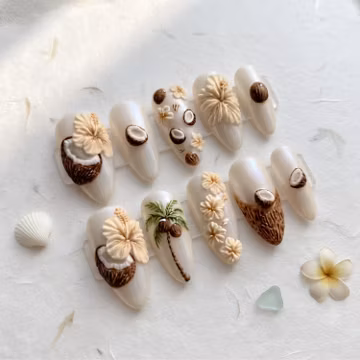 Coconut Palm Press-On Nails, Luxury Set, For Vacation, Tropical Style, Gift Idea