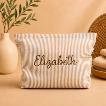 Personalized Embroidered Seersucker Makeup Bag, Seersucker Toiletry Bag, Embroidered Cosmetic Bag, Birthday Gift For Her, Bridesmaid Gift
