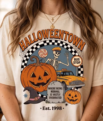 Vintage Halloweentown Pumpkin Scene PNG, Haunted Village Polka Dot Stripes Sublimation, Retro Spooky Graphic, Digital Download PNG