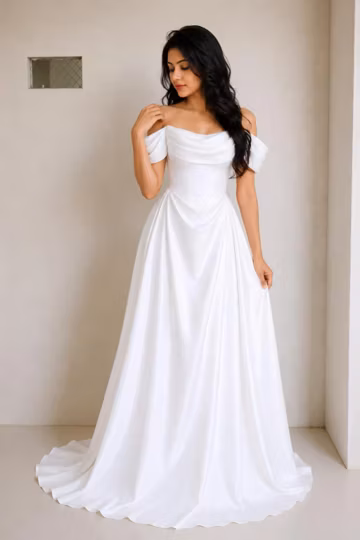 White Satin Off Shoulder Gown, Minimalist A-Line, Engagement, Reception, Bride Gift