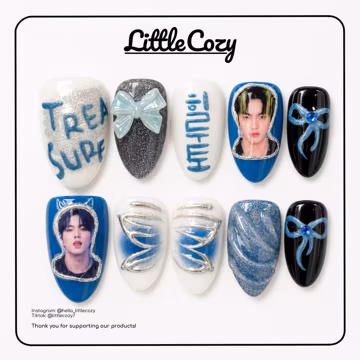 Custom Photo Kpop Blue and Black Butterfly Press On Nails | Treasure 3D Nails