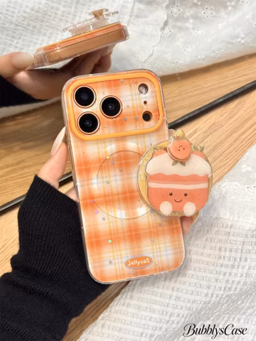 Coquette Jellycat Cake MagSafe iPhone Case,Cute Plaid Glitter Magnetic Grip Stand,Kawaii Cottagecore Phone Cover for iPhone 17 16 15 Pro Max