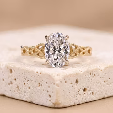 Edge Milgrain Open Work Wedding Ring, Oval Cut Lab Grown Diamond Ring, Handcraft Solitaire Engagement Ring, 14K Yellow Gold Anniversary Ring